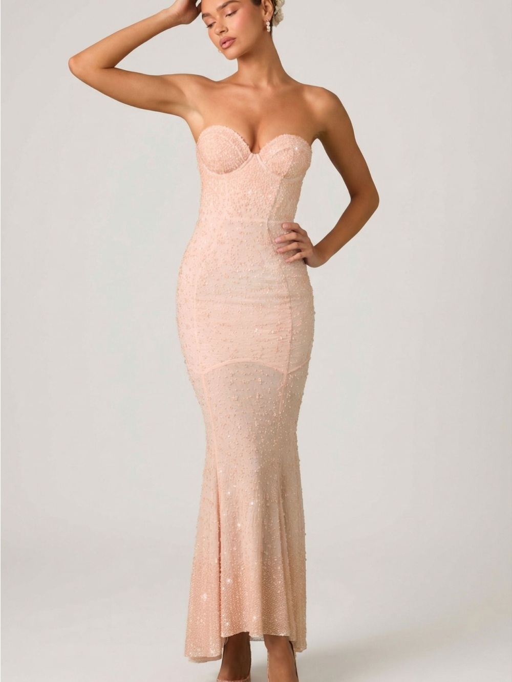 Oh Polly Strapless Sequin Mermaid Gown in Blush
